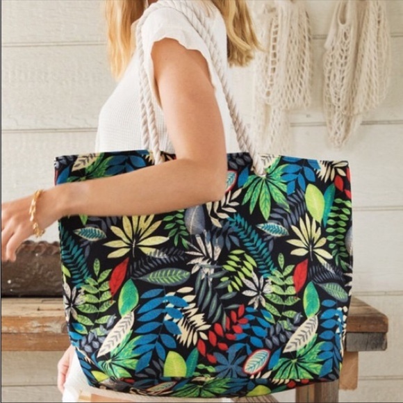Vibrant Colors Beach Bag with Rope Straps Floral Print Tote Bag - Picture 2 of 5